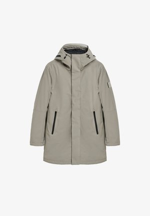 Veste d'extérieur gris clair avec capuche, fermeture à glissière à l'avant, deux poches latérales avec accents noirs et une silhouette droite.