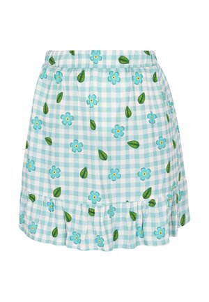 Svijetloplava suknja s kariranim uzorkom i cvjetnim te listnim motivima, elastičnim pojasom i volanima na rubu. Izrađena od mekanog, laganog materijala.