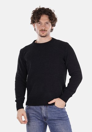 Maglione nero a maglia con scollo rotondo e maniche lunghe. Tessuto texturizzato e polsini a costine. Indossato sopra jeans blu.