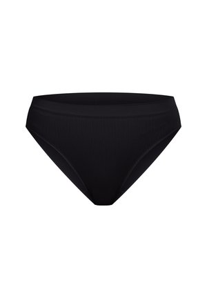 Bañador de bikini de tiro alto en color negro, hecho de tela acanalada. Presenta una cinturilla suave y una cobertura moderada con bordes sin costuras.