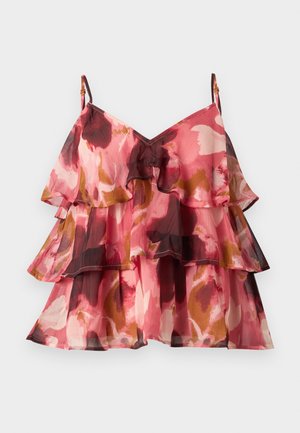 Roze bloemen top met spaghettibandjes in lagen en ruffles, met tinten bruin, bordeauxrood en room op doorschijnende stof.