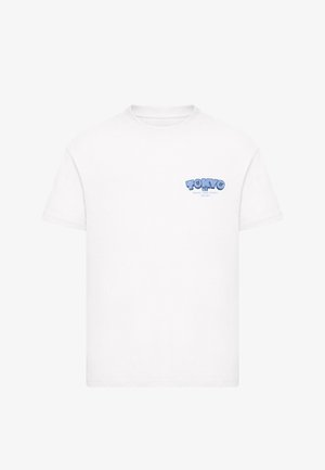 T-shirt bianca a maniche corte con piccolo testo blu sul petto a sinistra che recita "TOKYO CITY WHERE YOUR FUTURE BEGINS."