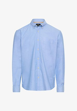 Lyseblå langærmet skjorte med knapper, lavet af en blød bomuldsblanding, med brystlomme og runde manchetknapper.