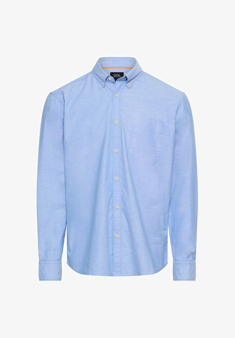 Hellblaues, langärmliges Hemd mit Knöpfen aus einer weichen Baumwollmischung, mit einer Brusttasche und rund geknöpften Manschetten.