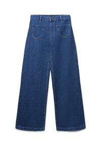 Jeans in denim a gamba larga di colore blu scuro, con chiusura a bottone, due tasche posteriori e una texture liscia.