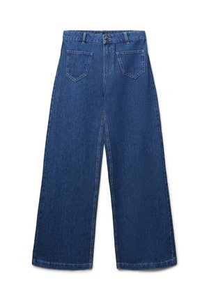 Jeans in denim a gamba larga di colore blu scuro, con chiusura a bottone, due tasche posteriori e una texture liscia.