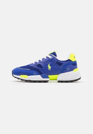 Blue and neon yellow athletic sneaker with mesh and synthetic panels, white laces, black sole, and Polo logo on the side.