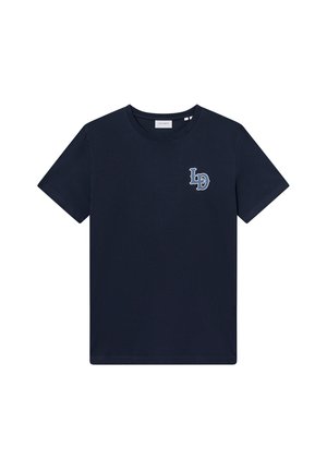 T-shirt en coton navy à manches courtes et col rond. Présente un petit logo brodé en bleu clair sur la poitrine gauche.
