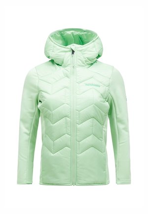 Veste zippée vert clair avec capuche, présentant un motif en chevron à l'avant et un tissu lisse sur les manches.