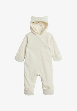 Cremefarvet baby heldragt lavet af blødt stof, med hætte med bjørneører, trykknaplukning og præget bjørnemønster overalt.