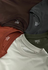 Viisi päällekkäin laskettua pyöreäkaulaista t-paitaa väreissä ruskea, tummanharmaa, oliivinvihreä, beige ja ruosteenpunainen, jokaisessa etiketissä "NEXT Regular Fit M".