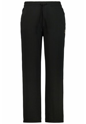 Sorte joggingbukser lavet af blødt stof, med en snor til taljen, sidelommer og et lige ben design. Ingen synlige mønstre eller detaljer.