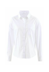 Camicia bianca con bottoni, maniche lunghe, colletto, una tasca sul petto e tessuto morbido e leggero.