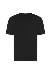 T-shirt en coton noir, à manches courtes, col rond, coupe légèrement ample, texture lisse, design uni sans logos ni motifs visibles.