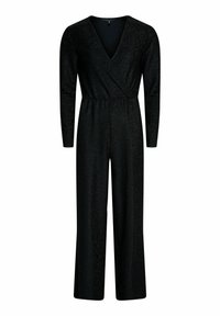 Mono negro con mangas largas, escote en V y cinturilla elástica. Fabricado con un tejido texturizado y brillante. Diseño de pierna ancha.