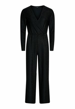 Zwarte jumpsuit met lange mouwen, V-hals en elastische tailleband. Gemaakt van een gestructureerde, sprankelende stof. Wijde pijpen.