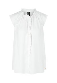 White sleeveless top with a ruffled neckline, button front, and a straight cut. Made from lightweight fabric, features a small logo detail.