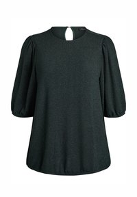 Dunkelgrünes, kurzärmliges Bluse mit rundem Ausschnitt und Schlüsselöffnung auf der Rückseite. Weicher, schimmernder Stoff mit lockerer Passform.