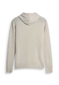 Hoodie beige chiaro con texture a coste, maniche lunghe e chiusura con zip sul retro; tessuto morbido e vestibilità rilassata.
