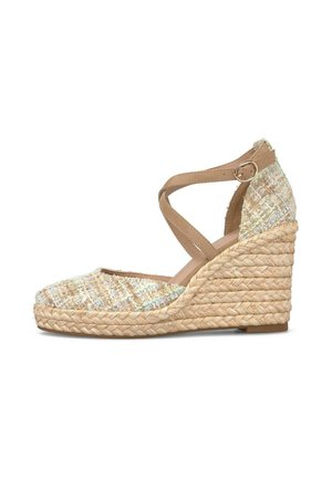 Sandał koturn z beżowym, plecionym obcasem z juty, górą z tkaniny w kratę oraz jasnobrązowym paskiem wokół kostki z zapięciem na klamrę.