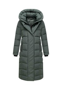 Long, olive green padded coat with a large hood, zip closure, side pockets, and ribbed cuffs. Features quilted texture and a sleek design.