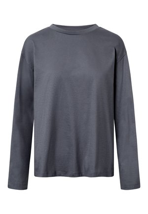 Almindelig mørkegrå langærmet T-shirt med rund hals og afslappet pasform med enkelt design vist mod en hvid baggrund.