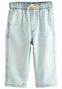Ljus tvättade denimshorts med elastisk midja och dragsko. Har två sidofickor och kontrasterande sömmar.