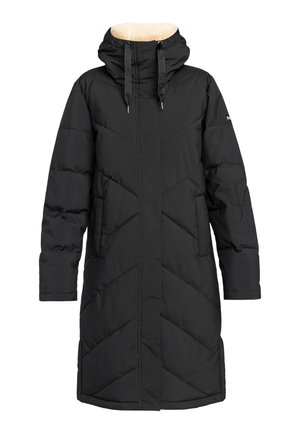 Cappotto imbottito nero con cappuccio e rivestimento beige. Presenta un trapuntato diagonale, due tasche laterali e chiusura con coulisse al collo.