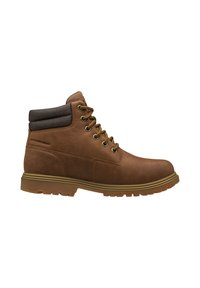 Botas de tobillo de cuero marrón con un puño texturizado en marrón oscuro, ojales dorados y una suela de goma robusta. Punta reforzada y detalle de costura en los laterales.