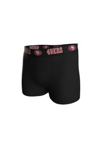 Boxers ajustados negros con un diseño entallado y una cinturilla que presenta el logo y los colores de "49ERS". La tela parece suave y sin patrones visibles.