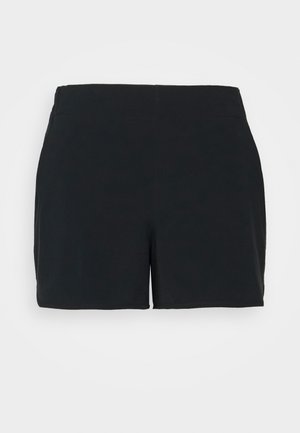 Shorts noirs pour femmes à taille haute avec une ceinture lisse, un ourlet droit, sans poches visibles ni ornements sur fond blanc.