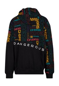 Black hoodie with a multi-color graphic pattern featuring "DNGRS" text; front has solid black section with "DANGEROUS" in white.