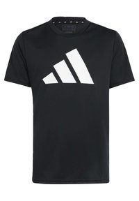 Camiseta deportiva negra con un gran logo blanco de Adidas. Mangas cortas, cuello redondo, fabricada con un tejido liso y ligero.