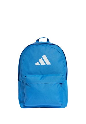 Zaino blu con tasca frontale con zip e logo bianco a tre strisce centrato sul pannello frontale superiore.