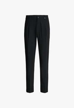 Black tailored trousers with pleats, button and zipper closure, and a straight leg fit.