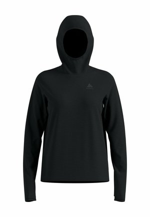 Schwarzes Kapuzenshirt mit langen Ärmeln, hergestellt aus strukturiertem, leichtem Material mit einem dezenten Muster, versehen mit einem Logo auf der Brust.