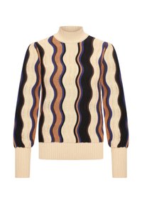Jersey de punto con un alto cuello acanalado. Presenta rayas onduladas en crema, marrón, negro y azul. Tejido texturizado con puños acanalados.
