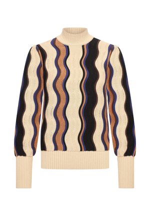 Gebreide trui met een hoge, geribbelde halslijn. Kenmerkt zich door golvende strepen in crème, bruin, zwart en blauw. Gestructureerde stof met geribbelde manchetten.
