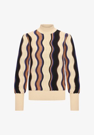 Gebreide trui met een hoge, geribbelde halslijn. Kenmerkt zich door golvende strepen in crème, bruin, zwart en blauw. Gestructureerde stof met geribbelde manchetten.