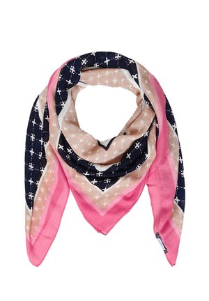 Foulard carré avec blocs de couleur beige, marine et rose ornés de motifs croisés blancs, plié en une forme triangulaire lâche.