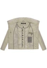 Veste beige Marikoo ouverte pour montrer le marquage intérieur, poche intérieure avec étiquette, boutons-pression le long de la patte de boutonnage et sur les manches.