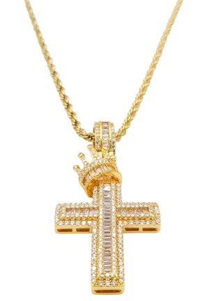 Goldfarbener Kreuzanhänger mit einer Krone, ausgestattet mit einem strukturierten Design und klaren Steinen, der an einer gedrehten Halskette hängt.