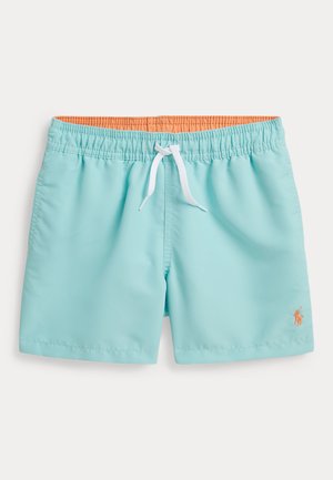 Pantaloni scurți de înot albastru deschis cu căptușeală interioară portocalie, talie elastică, șnur alb, buzunare laterale și un mic logo brodat pe piciorul stâng.