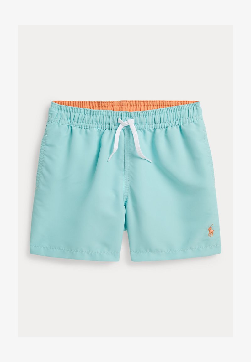 Short de bain bleu clair avec doublure intérieure orange, taille élastique, cordon blanc, poches latérales et petit logo brodé sur la jambe gauche.