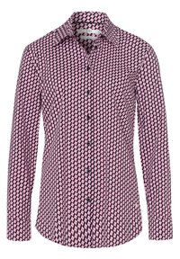 Chemise à manches longues à boutons avec un motif géométrique rose et marine. Tissu doux, col classique et boutons foncés. Coupe ajustée avec ourlet arrondi.