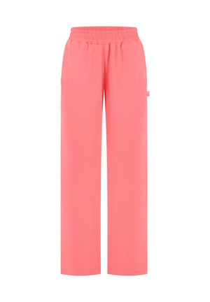 Koraalroze rechte broek met elastische tailleband en zijzakken, ontworpen voor casual of lounge kleding.