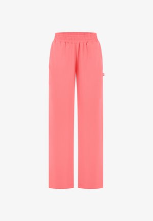 Koraalroze rechte broek met elastische tailleband en zijzakken, ontworpen voor casual of lounge kleding.
