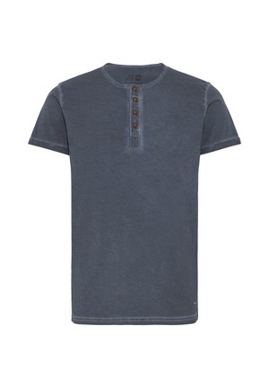 Kurzes, ärmelloses T-Shirt in Marineblau aus weicher Baumwolle mit rundem Halsausschnitt, mit geknöpften Knopfleisten und gestickten Akzenten.