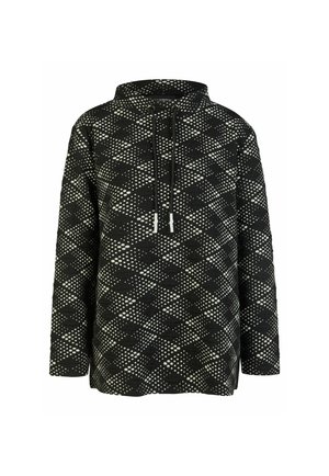Zwarte pullover met lange mouwen en capuchon, met wit gestippeld diamantpatroon en verstelbare zwarte trekkoorden bij de nek.