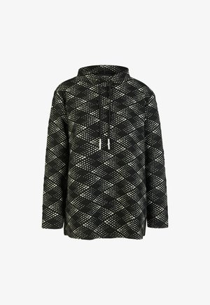 Zwarte pullover met lange mouwen en capuchon, met wit gestippeld diamantpatroon en verstelbare zwarte trekkoorden bij de nek.